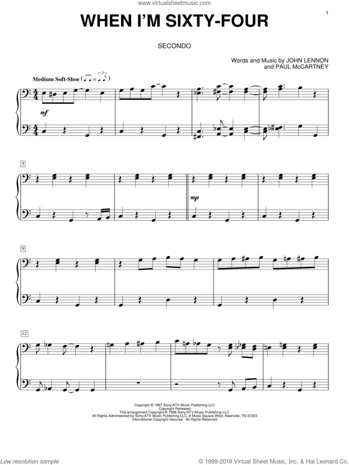 When I'm Sixty-Four sheet music for piano four hands by The Beatles, John Lennon and Paul McCartney, intermediate skill level