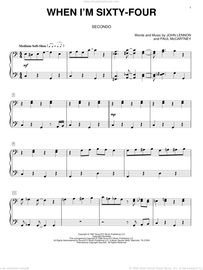 When I'm Sixty-Four sheet music for piano four hands by The Beatles, John Lennon and Paul McCartney, intermediate skill level