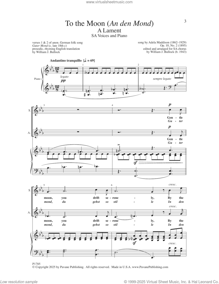 To The Moon (A den Mond) sheet music for choir (SA) by William J. Bullock, Adela Maddison and Miscellaneous, intermediate skill level