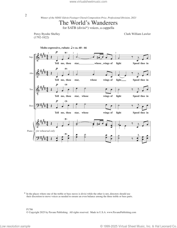 The World's Wanderers sheet music for choir (SATB: soprano, alto, tenor, bass) by Clark William Lawlor and Percy Bysshe Shelley, intermediate skill level