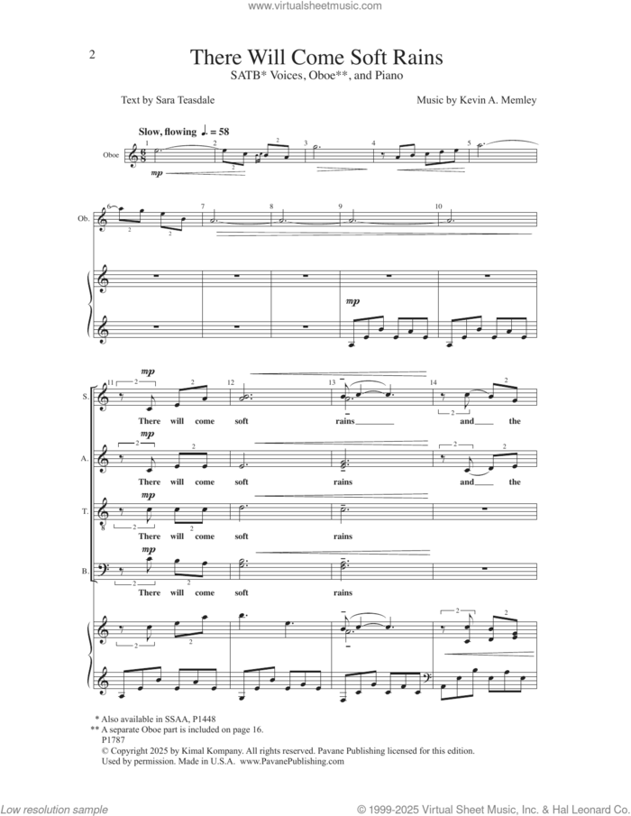 There Will Some Soft Rains sheet music for choir (SATB Divisi) by Kevin A. Memley and Sara Teasdale, intermediate skill level