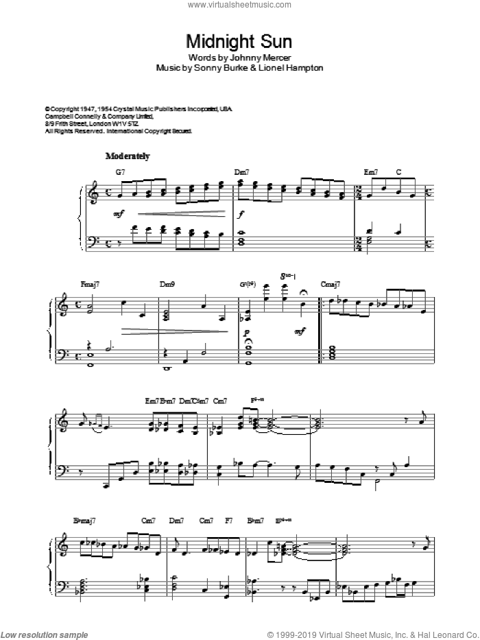 Midnight Sun sheet music for piano solo by Horace Silver and Johnny Mercer, intermediate skill level