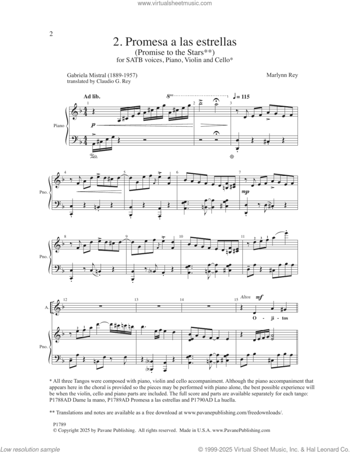 Three Tangos - 2. Promesa A Las Estrellas sheet music for choir (SATB: soprano, alto, tenor, bass) by Marlynn Rey, Claudio G. Rey and Gabriela Mistral, intermediate skill level