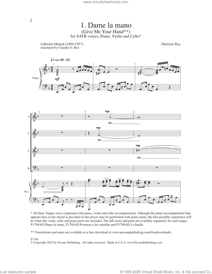 Three Tangos - 1. Dame La Mano sheet music for choir (SATB: soprano, alto, tenor, bass) by Marlynn Rey, Claudio G. Rey and Gabriela Mistral, intermediate skill level