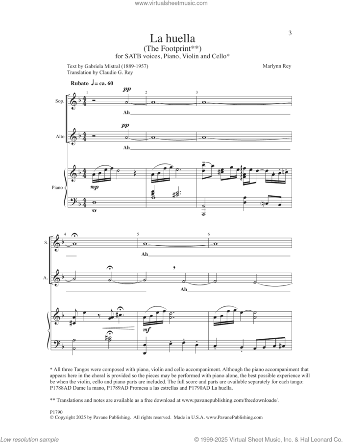 Three Tangos - 3. La Huella sheet music for choir (SATB: soprano, alto, tenor, bass) by Marlynn Rey, Claudio G. Rey and Gabriela Mistral, intermediate skill level