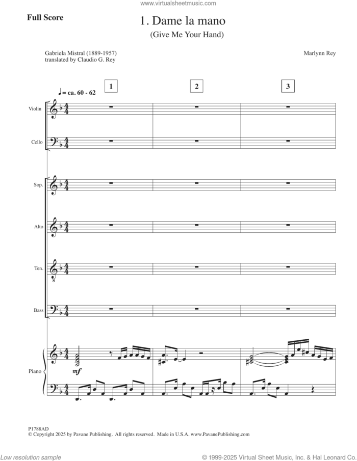 Three Tangos - 1. Dame La Mano (COMPLETE) sheet music for orchestra/band by Marlynn Rey, Claudio G. Rey and Gabriela Mistral, intermediate skill level