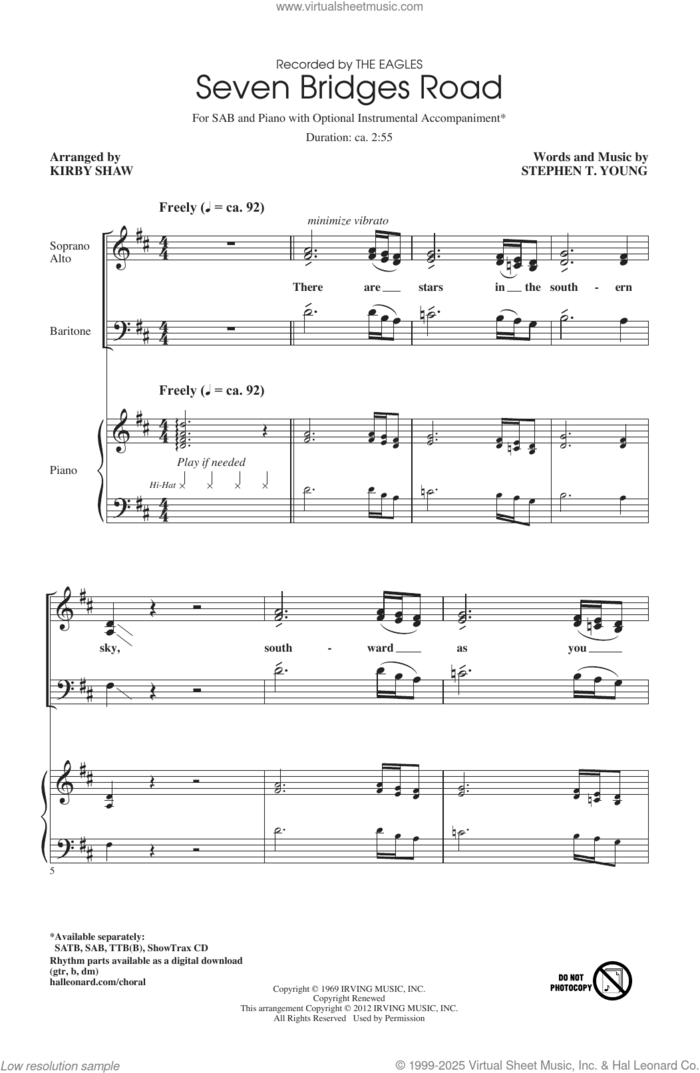 Seven Bridges Road (arr. Kirby Shaw) sheet music for choir (SAB: soprano, alto, bass) by Stephen T. Young, Kirby Shaw and The Eagles, intermediate skill level