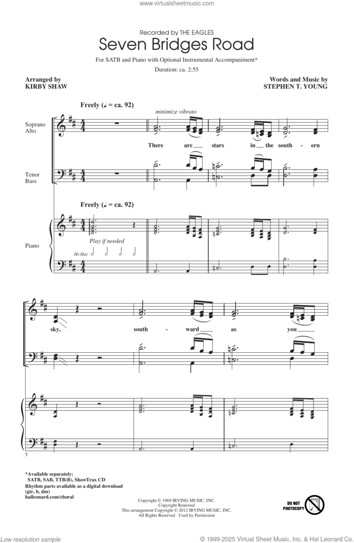 Seven Bridges Road (arr. Kirby Shaw) sheet music for choir (SATB: soprano, alto, tenor, bass) by Stephen T. Young, Kirby Shaw and The Eagles, intermediate skill level