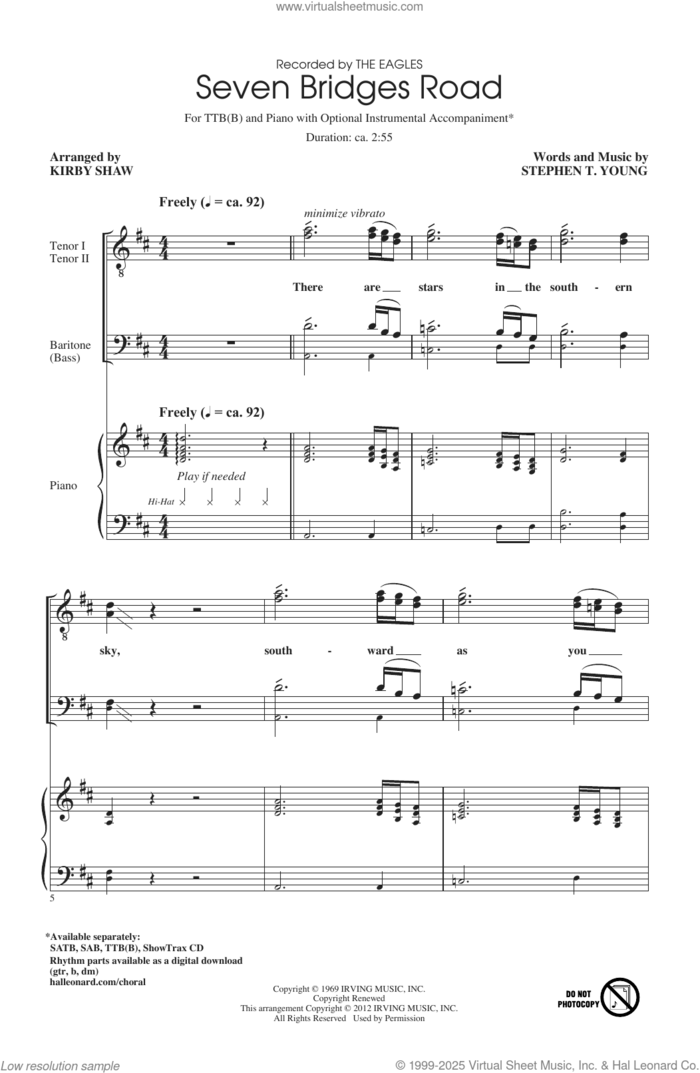 Seven Bridges Road (arr. Kirby Shaw) sheet music for choir (ttb(b)) by Stephen T. Young, Kirby Shaw and The Eagles, intermediate skill level