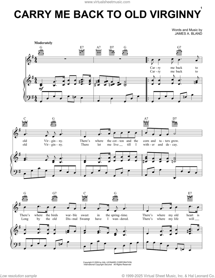 Carry Me Back To Old Virginny sheet music for voice, piano or guitar by James A. Bland, intermediate skill level