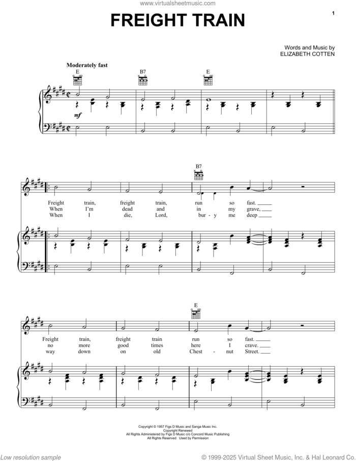 Freight Train sheet music for voice, piano or guitar by Elizabeth Cotten, intermediate skill level