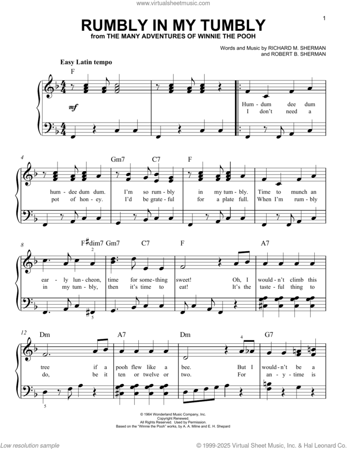 Rumbly In My Tumbly (from The Many Adventures of Winnie The Pooh) sheet music for piano solo by Sherman Brothers, Richard M. Sherman and Robert B. Sherman, easy skill level