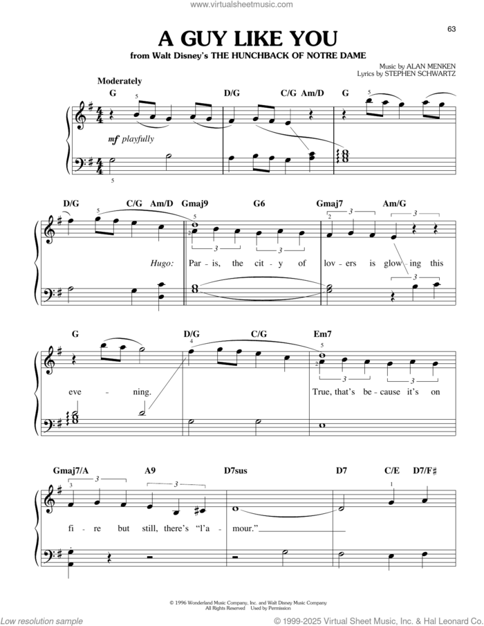 A Guy Like You (from The Hunchback of Notre Dame) sheet music for piano solo by Alan Menken & Stephen Schwartz, Alan Menken and Stephen Schwartz, easy skill level