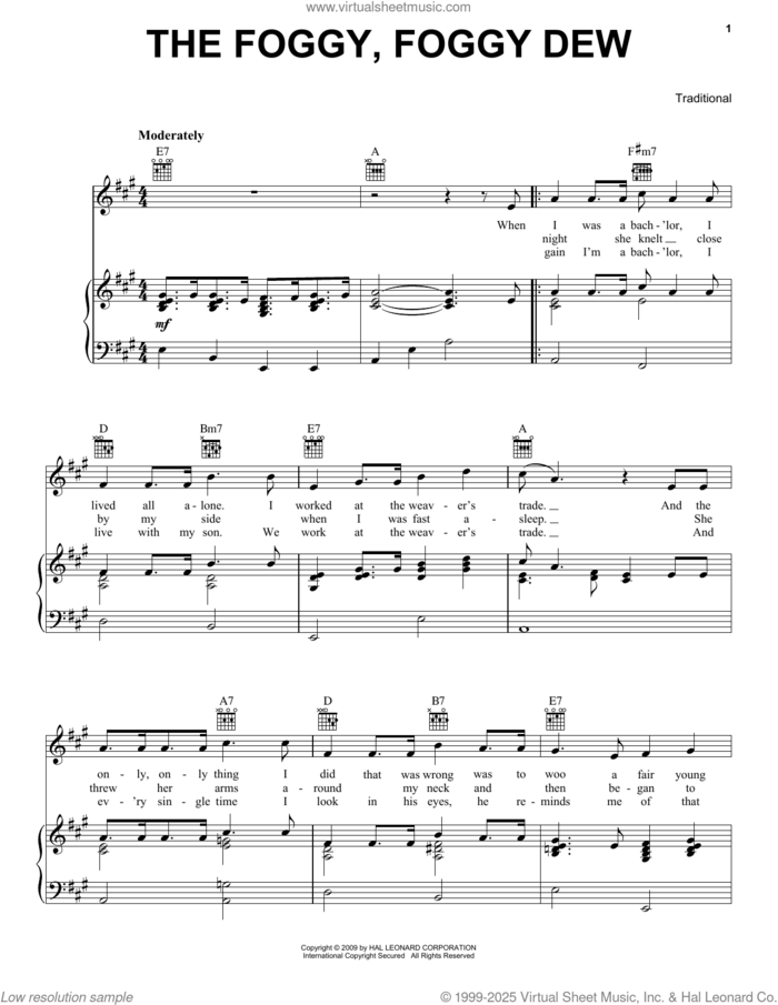 The Foggy, Foggy Dew sheet music for voice, piano or guitar, classical score, intermediate skill level