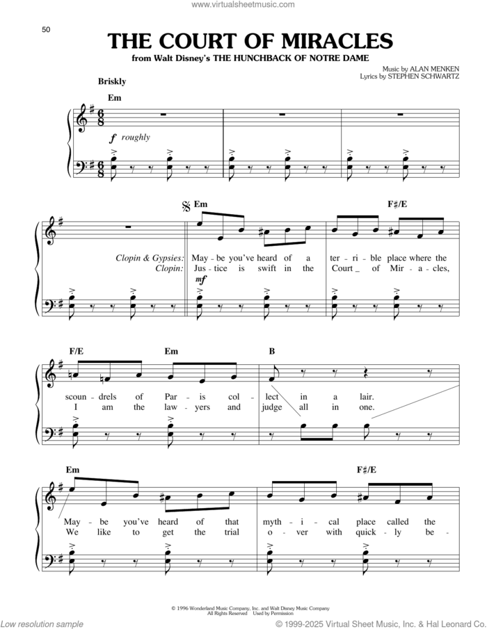 The Court Of Miracles (from The Hunchback of Notre Dame) sheet music for piano solo by Alan Menken & Stephen Schwartz, Alan Menken and Stephen Schwartz, easy skill level