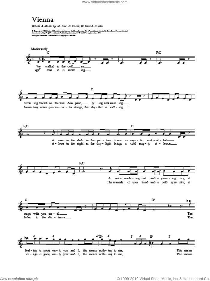 Vienna sheet music for voice and other instruments (fake book) by Ultravox and Midge Ure, intermediate skill level