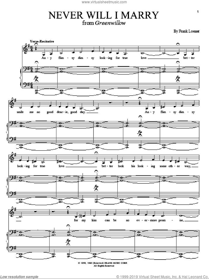Never Will I Marry sheet music for voice and piano by Frank Loesser, intermediate skill level
