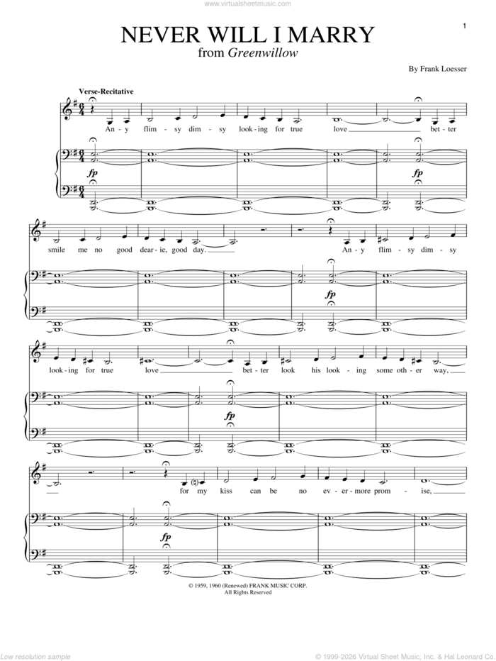 Never Will I Marry sheet music for voice and piano by Frank Loesser, intermediate skill level