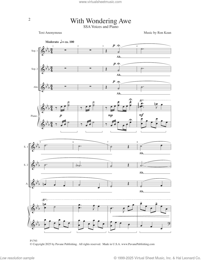 With Wondering Awe sheet music for choir (SSA: soprano, alto) by Ron Kean and Anonymous, intermediate skill level