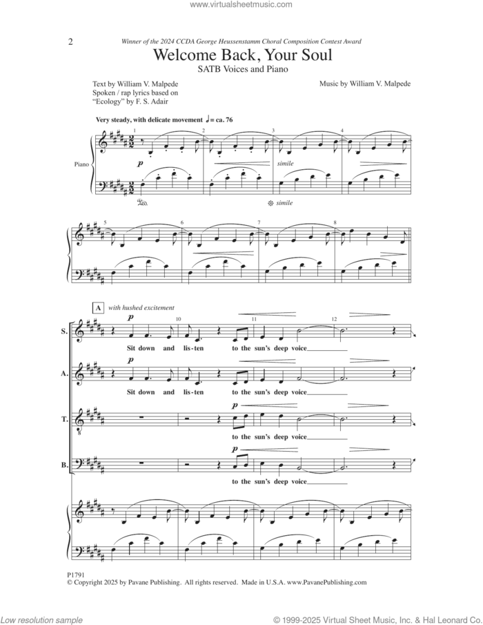 Welcome Back, Your Soul sheet music for choir (SATB: soprano, alto, tenor, bass) by William V. Malpede, intermediate skill level