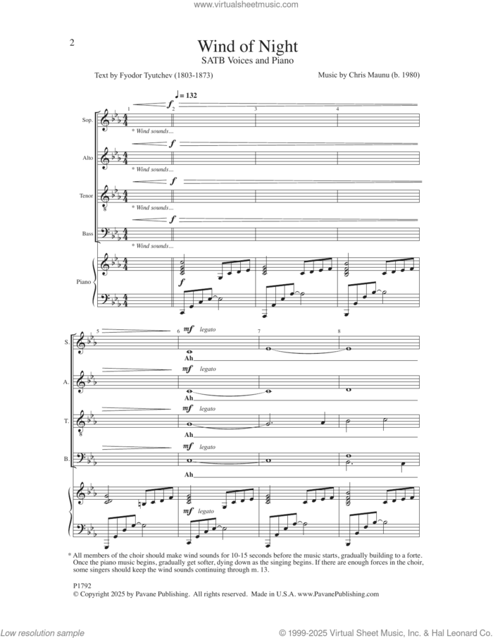 Wind of Night sheet music for choir (SATB: soprano, alto, tenor, bass) by Chris Maunu and Fyodor Tyutchev, intermediate skill level