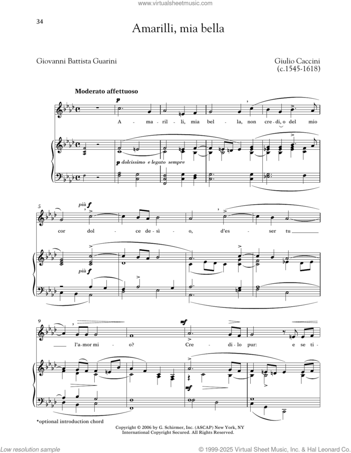 Amarilli (Medium Low Voice) sheet music for voice and piano (Medium Low Voice) by Giulio Caccini, Alessandro Parisotti (ed.) and (Giovanni) Battista Guarini, classical score, intermediate skill level