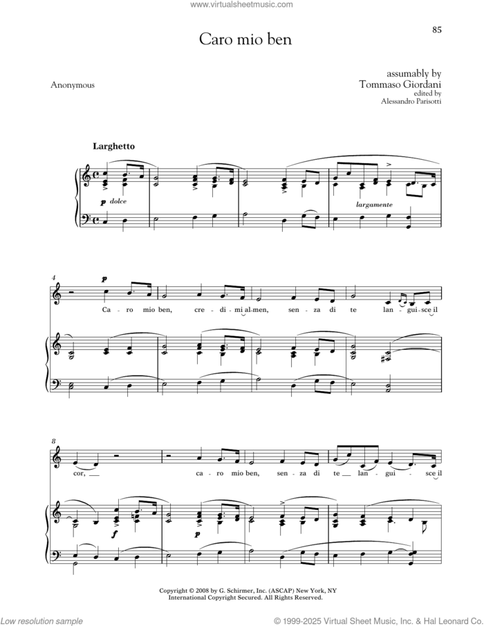 Caro Mio Ben (Medium Low Voice) sheet music for voice and piano (Medium Low Voice) by Tommaso Giordani, Alessandro Parisotti (ed.) and Anonymous, classical score, intermediate skill level