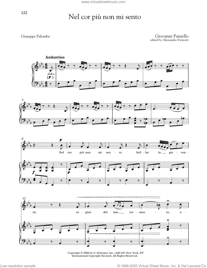 Nel Cor Piu Non Mi Sento (Medium Low Voice) sheet music for voice and piano (Medium Low Voice) by Giovanni Paisiello, Alessandro Parisotti (ed.) and Giuseppe Palomba, classical score, intermediate skill level