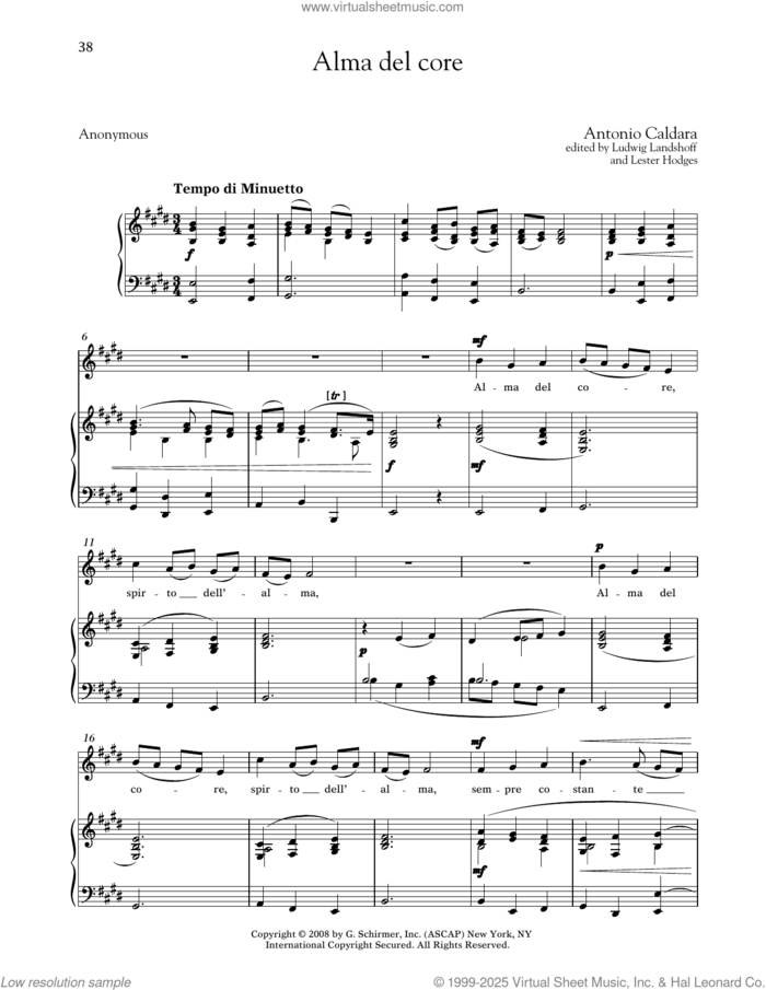 Alma Del Core (Medium Low Voice) sheet music for voice and piano (Medium Low Voice) by Antonio Caldara, Lester Hodges (ed.), Ludwig Landshoff (ed.) and Anonymous, classical score, intermediate skill level