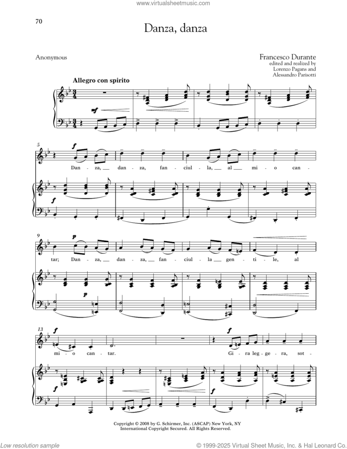 Danza, Danza (Medium Low Voice) sheet music for voice and piano (Medium Low Voice) by Francesco Durante, Alessandro Parisotti (ed.), Lorenzo Pagans (ed.) and Anonymous, classical score, intermediate skill level