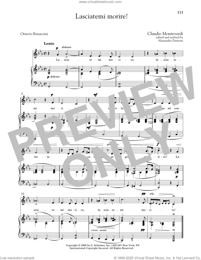 Lasciatemi Morire! (Medium Low Voice) sheet music for voice and piano (Medium Low Voice) by Claudio Monteverdi, Alessandro Parisotti (ed.) and Ottavio Rinuccini, classical score, intermediate skill level