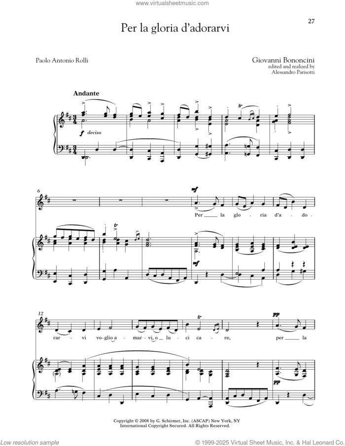 Per La Gloria D'adorarvi (Medium Low Voice) sheet music for voice and piano (Medium Low Voice) by Giovanni Bononcini, Alessandro Parisotti (ed.) and Paolo Antonio Rolli, classical score, intermediate skill level