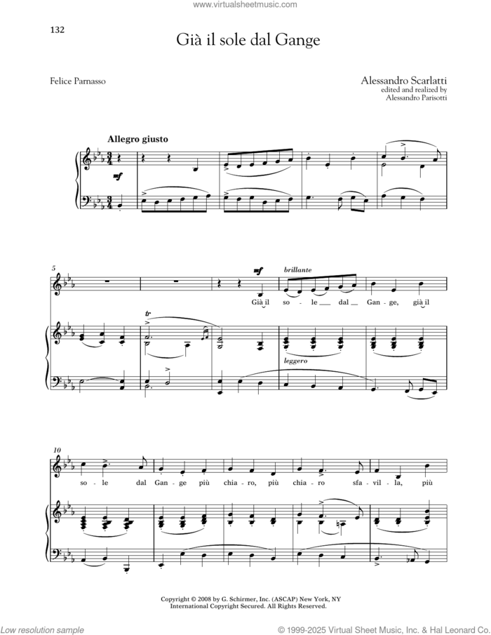 Gia Il Sole Dal Gange (Medium Low Voice) sheet music for voice and piano (Medium Low Voice) by Alessandro Scarlatti, Alessandro Parisotti (ed.) and Felice Parnasso, classical score, intermediate skill level