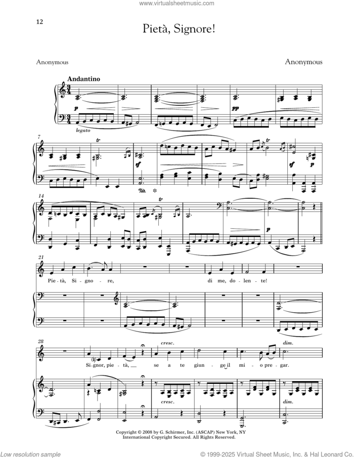 Pieta, Signore! (Medium Low Voice) sheet music for voice and piano (Medium Low Voice) by Anonymous, classical score, intermediate skill level