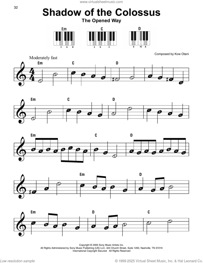 The Opened Way (from The Shadow Of The Colossus) sheet music for piano solo by Kow Otani, beginner skill level