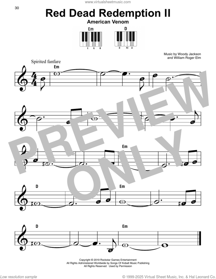 American Venom (from Red Dead Redemption II) sheet music for piano solo by Woody Jackson and William Roger Elm, beginner skill level