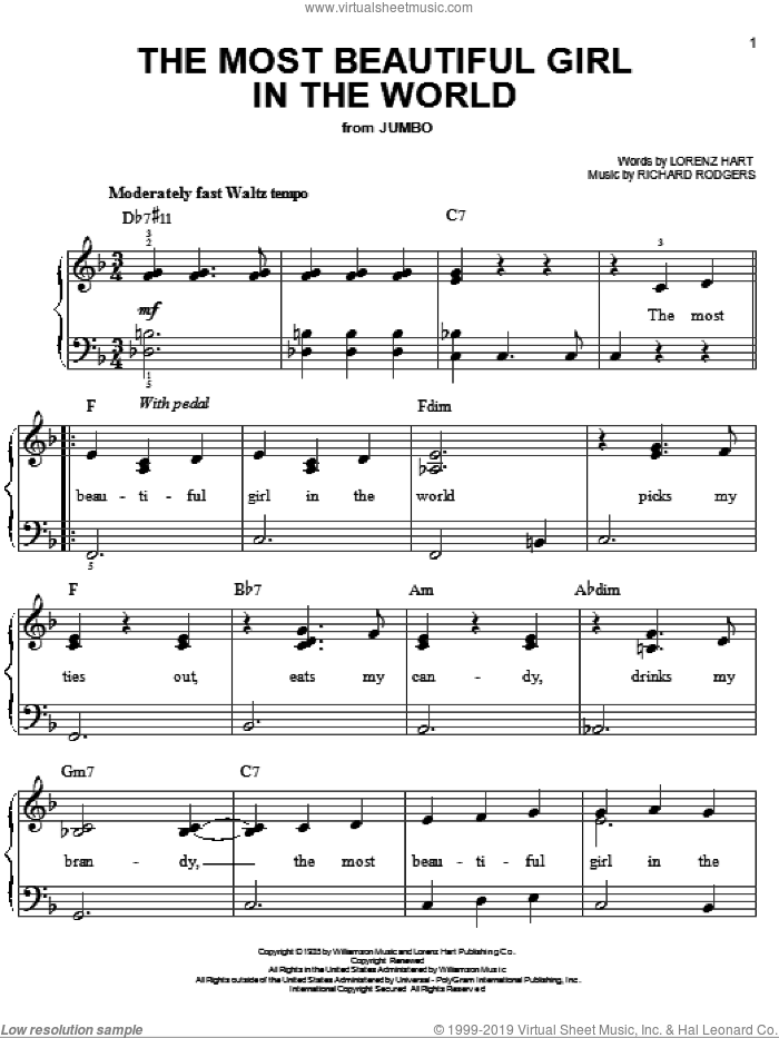 The Most Beautiful Girl In The World sheet music for piano solo by Rodgers & Hart, Lorenz Hart and Richard Rodgers, easy skill level