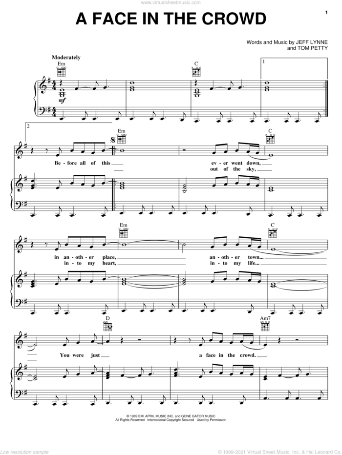 A Face In The Crowd sheet music for voice, piano or guitar by Tom Petty and Jeff Lynne, intermediate skill level