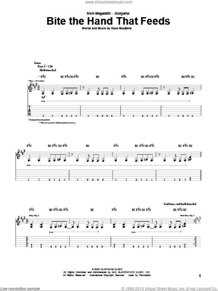 Bite The Hand That Feeds sheet music for guitar (tablature) by Megadeth and Dave Mustaine, intermediate skill level