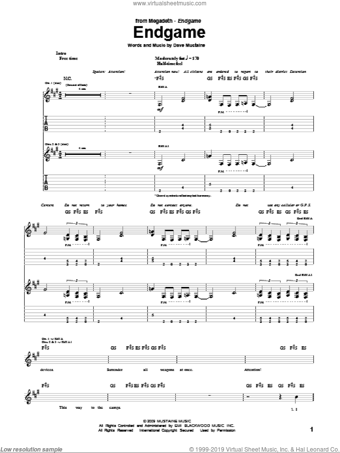 Endgame sheet music for guitar (tablature) by Megadeth and Dave Mustaine, intermediate skill level