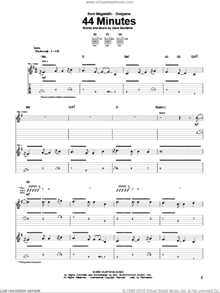 44 Minutes sheet music for guitar (tablature) by Megadeth and Dave Mustaine, intermediate skill level