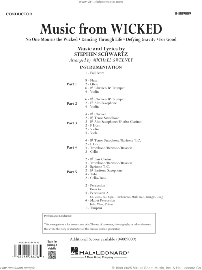 Music from Wicked (arr. Michael Sweeney) (COMPLETE) sheet music for concert band by Stephen Schwartz and Michael Sweeney, intermediate skill level