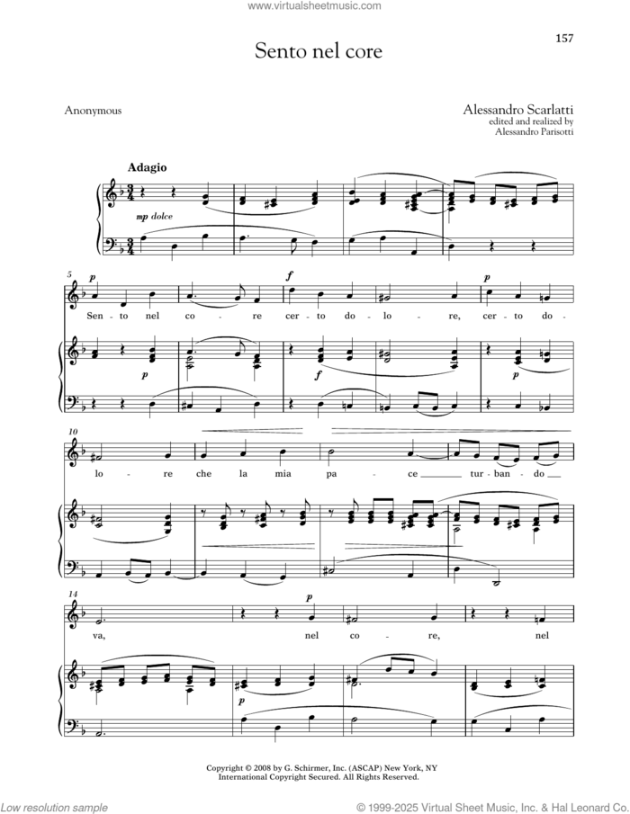 Sento Nel Core (Medium Low Voice) sheet music for voice and piano (Medium Low Voice) by Alessandro Scarlatti, Alessandro Parisotti (ed.) and Anonymous, classical score, intermediate skill level