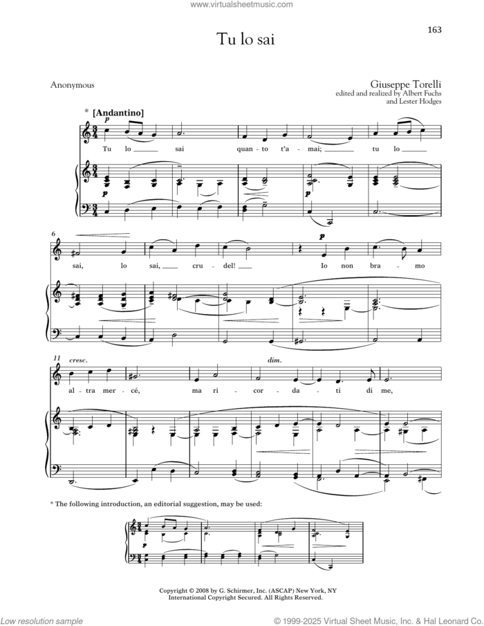 Tu Lo Sai (Medium Low Voice) sheet music for voice and piano (Medium Low Voice) by Giuseppe Torelli, Albert Fuchs (ed.), Lester Hodges (ed.) and Anonymous, classical score, intermediate skill level