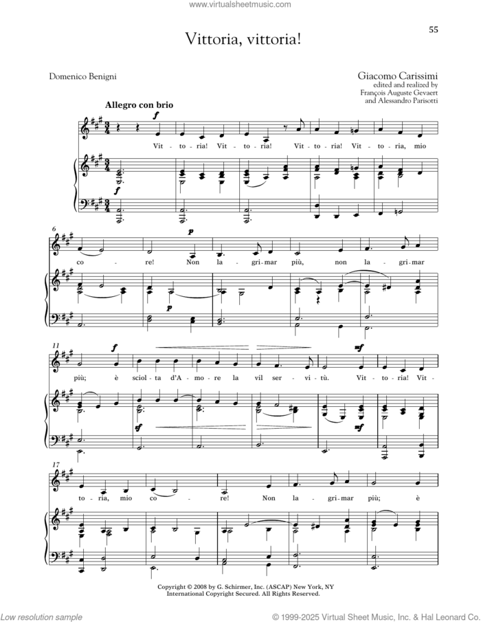 Vittoria, Vittoria! (Medium Low Voice) sheet music for voice and piano (Medium Low Voice) by Giocomo Carissimi, Alessandro Parisotti (ed.), Francois Auguste Gevaert (ed.) and Domenico Benigni, classical score, intermediate skill level