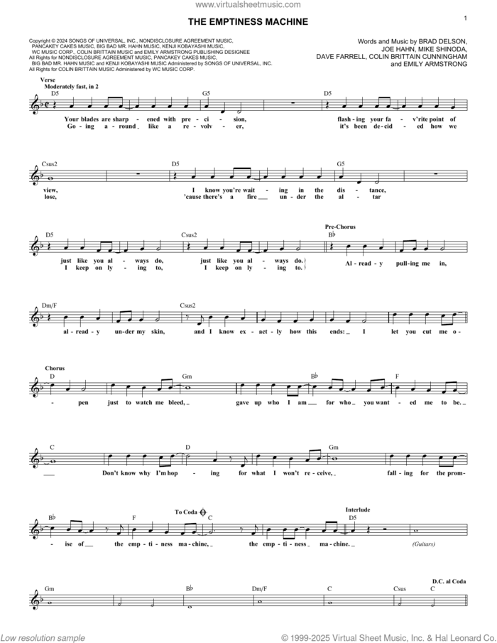 The Emptiness Machine sheet music for voice and other instruments (fake book) by Linkin Park, Brad Delson, Colin Brittain Cunningham, Dave Farrell, Emily Armstrong, Joe Hahn and Mike Shinoda, intermediate skill level