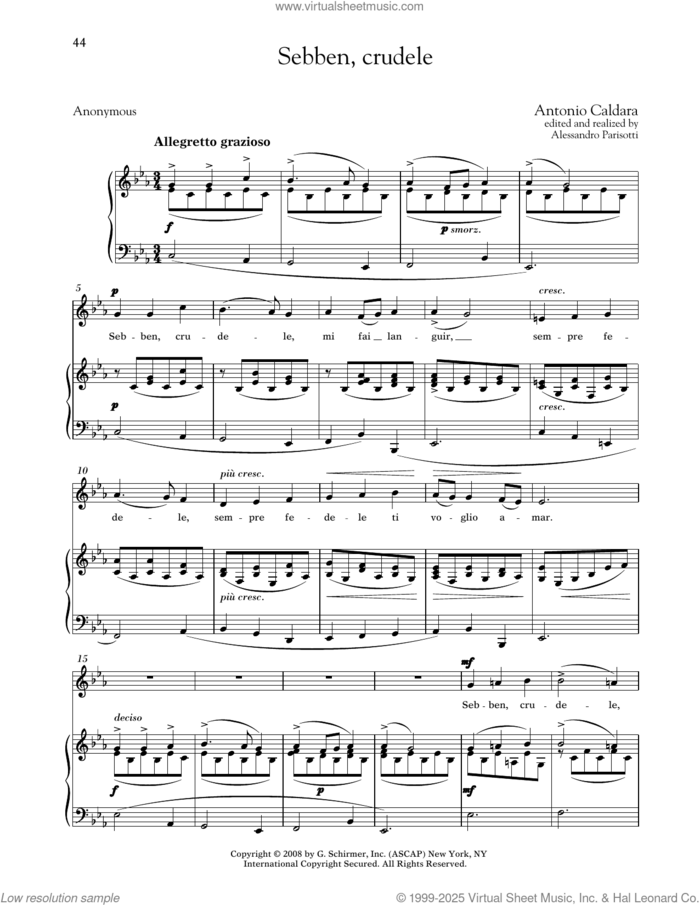 Sebben, Crudele (Medium Low Voice) sheet music for voice and piano (Medium Low Voice) by Antonio Caldara, Alessandro Parisotti (ed.) and Anonymous, classical score, intermediate skill level