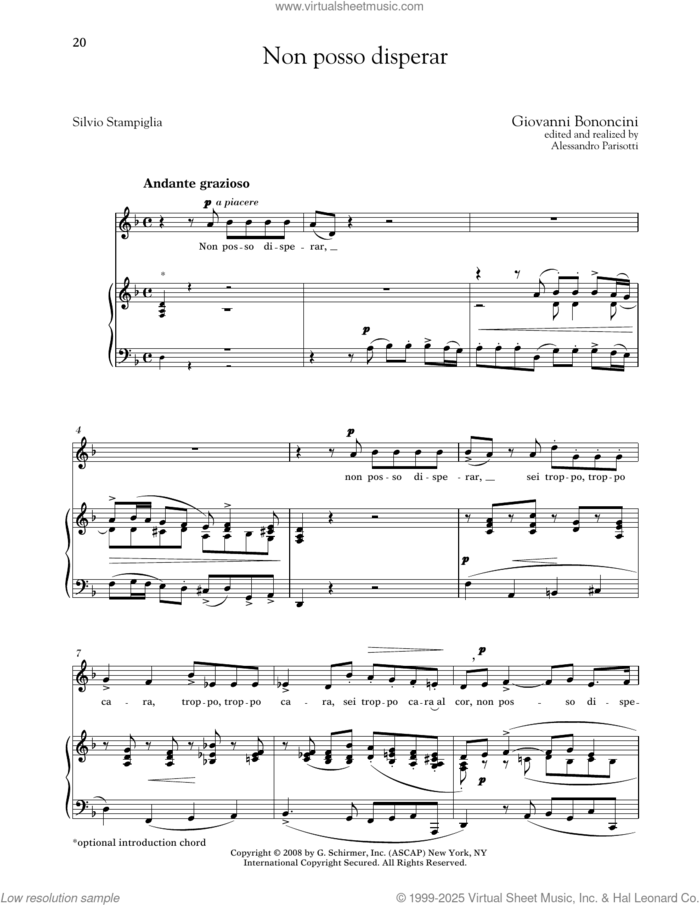 Non Posso Disperar (Medium Low Voice) sheet music for voice and piano (Medium Low Voice) by Giovanni Bononcini, Alessandro Parisotti (ed.) and Silvio Stampiglia, classical score, intermediate skill level