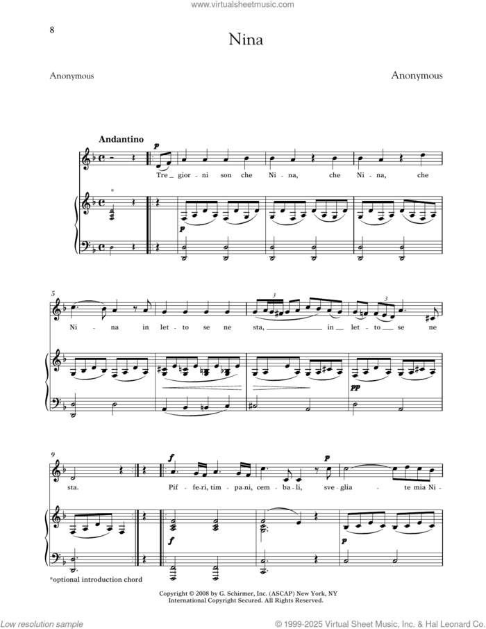 Nina (Medium Low Voice) sheet music for voice and piano (Medium Low Voice) by Anonymous, classical score, intermediate skill level