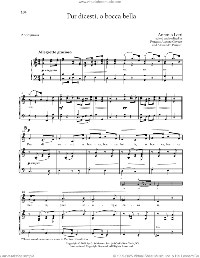 Pur Dicesti, O Bocca Bella (Medium Low Voice) sheet music for voice and piano (Medium Low Voice) by Antonio Lotti, Alessandro Parisotti (ed.), Francois Auguste Gevaert (ed.) and Anonymous, classical score, intermediate skill level